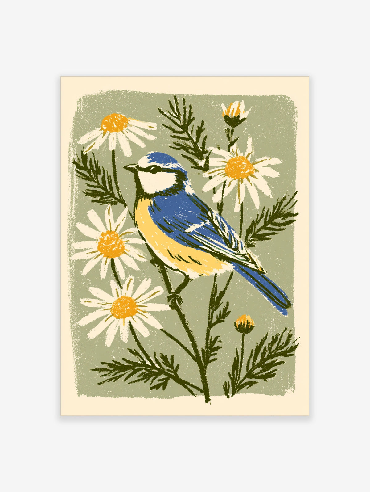 Blue tit bird perched among white daisies and green foliage on olive background art print