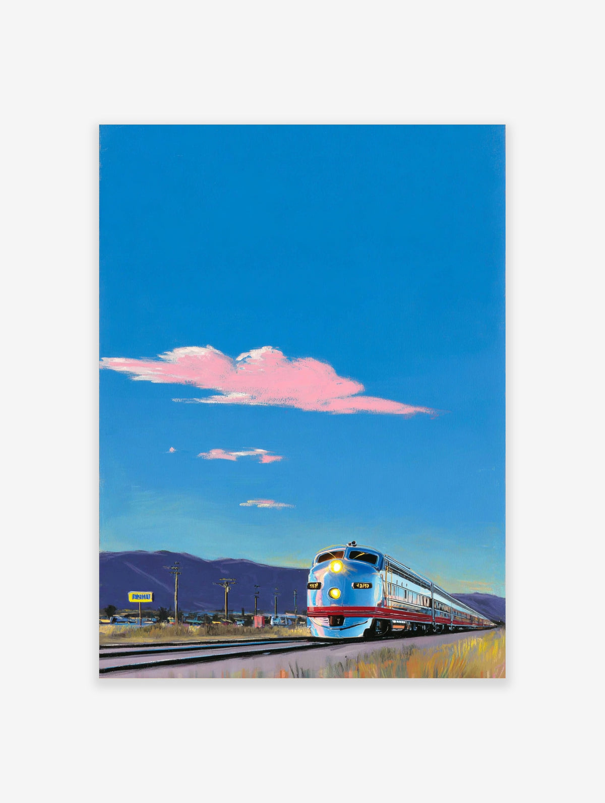 Blue train poster with silver retro locomotive, pink clouds, and purple mountains in a desert landscape