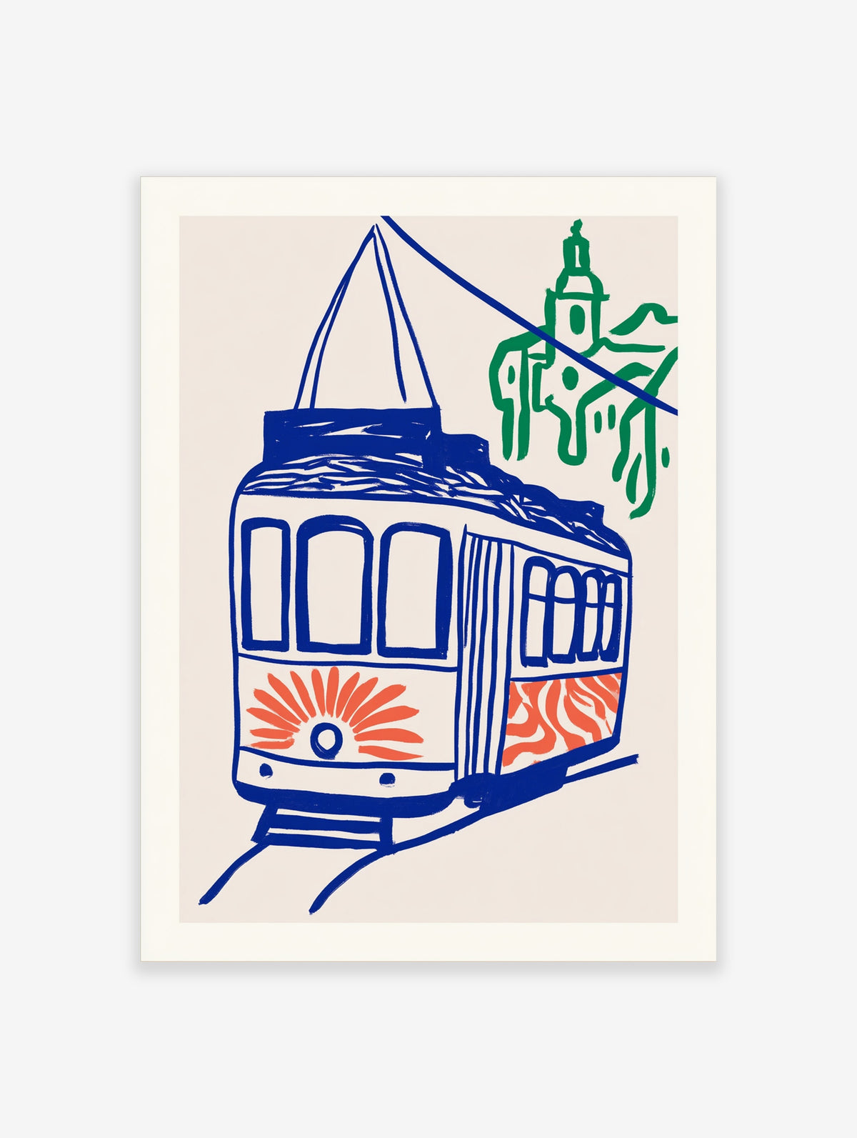 Blue and white retro tram poster with orange sunburst and green tower illustration