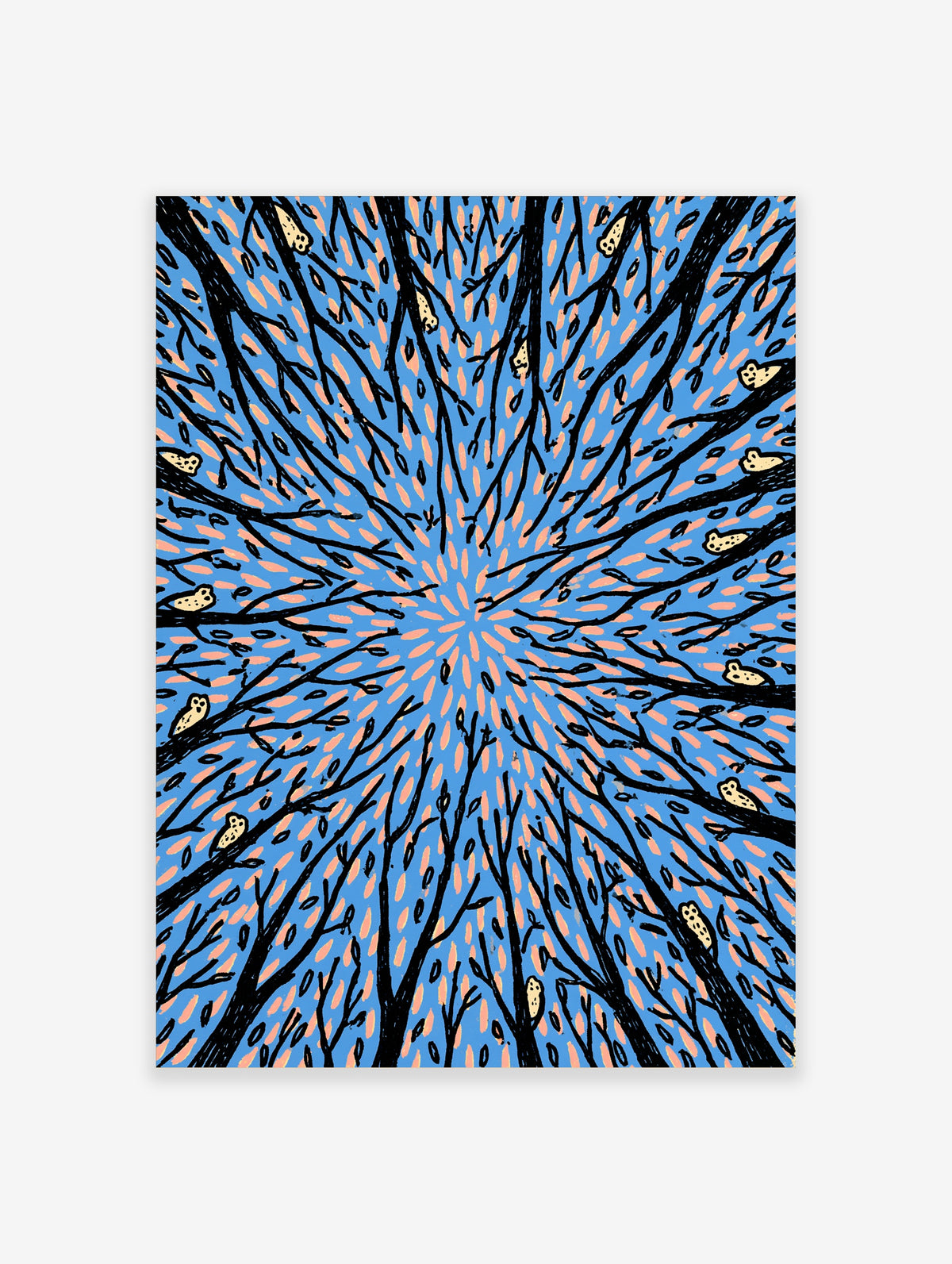 Blue tree wall art with black branches, peach leaves, and small owls in radial composition