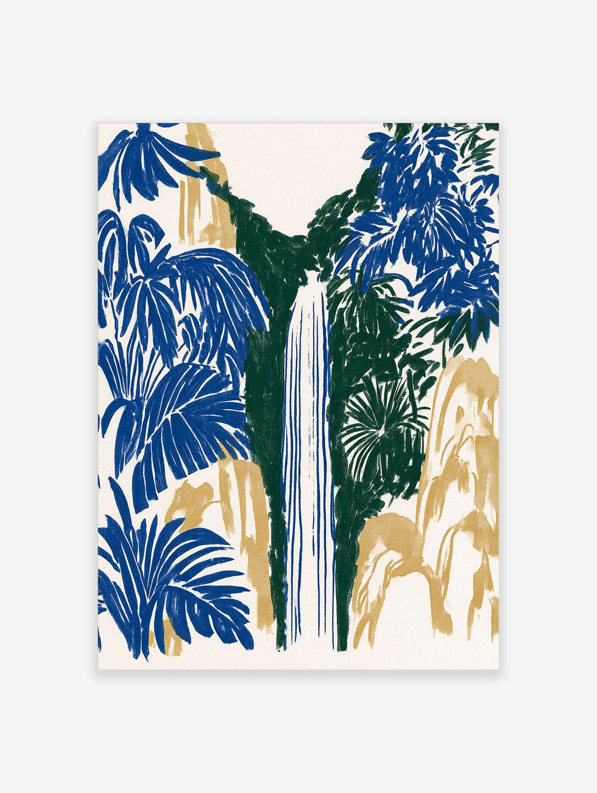 Blue tropical jungle waterfall poster with painted palm leaves and monstera fronds on off-white background