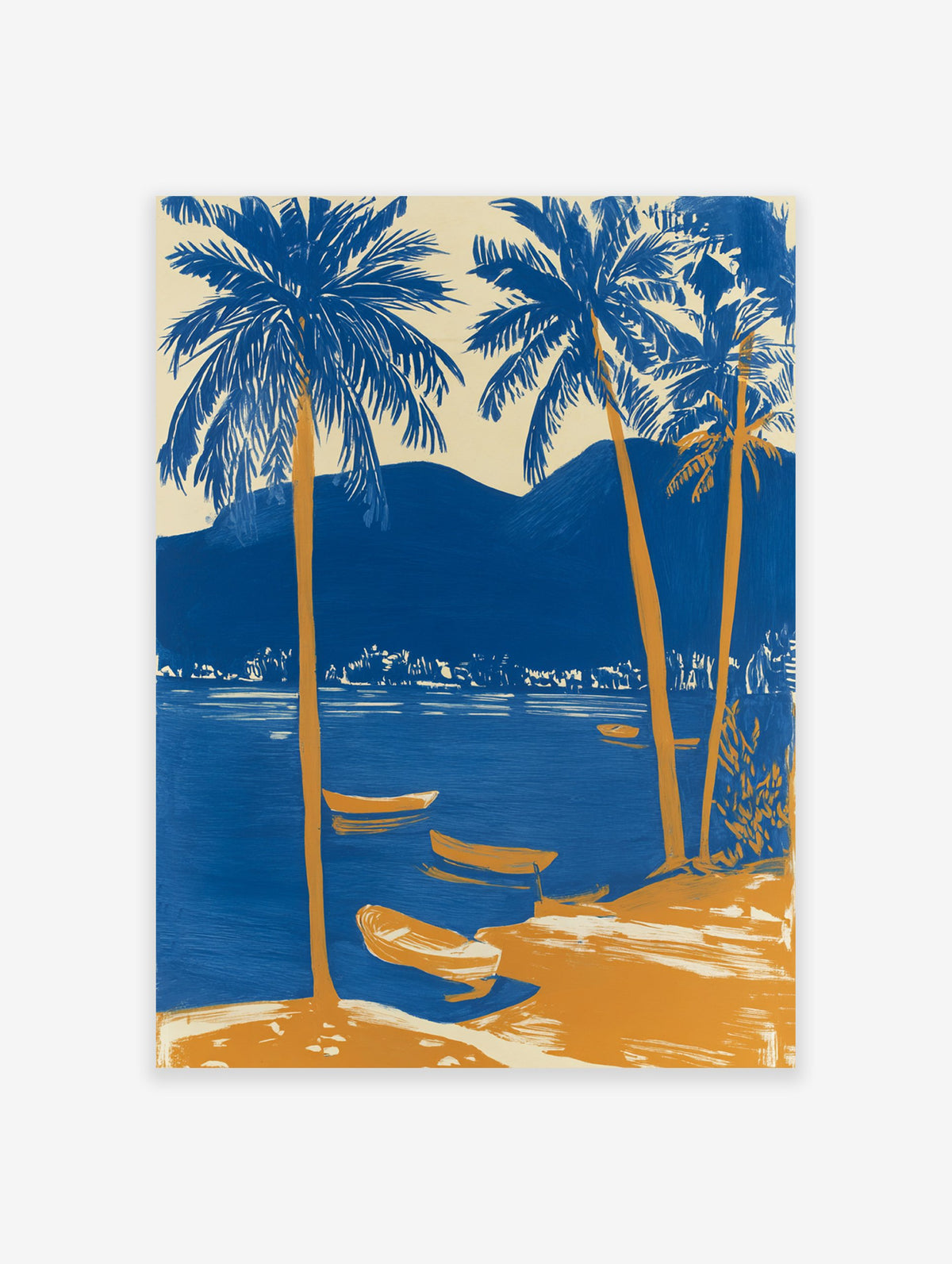 Blue and orange tropical landscape poster with palm trees, boats on water, and mountains in the background.