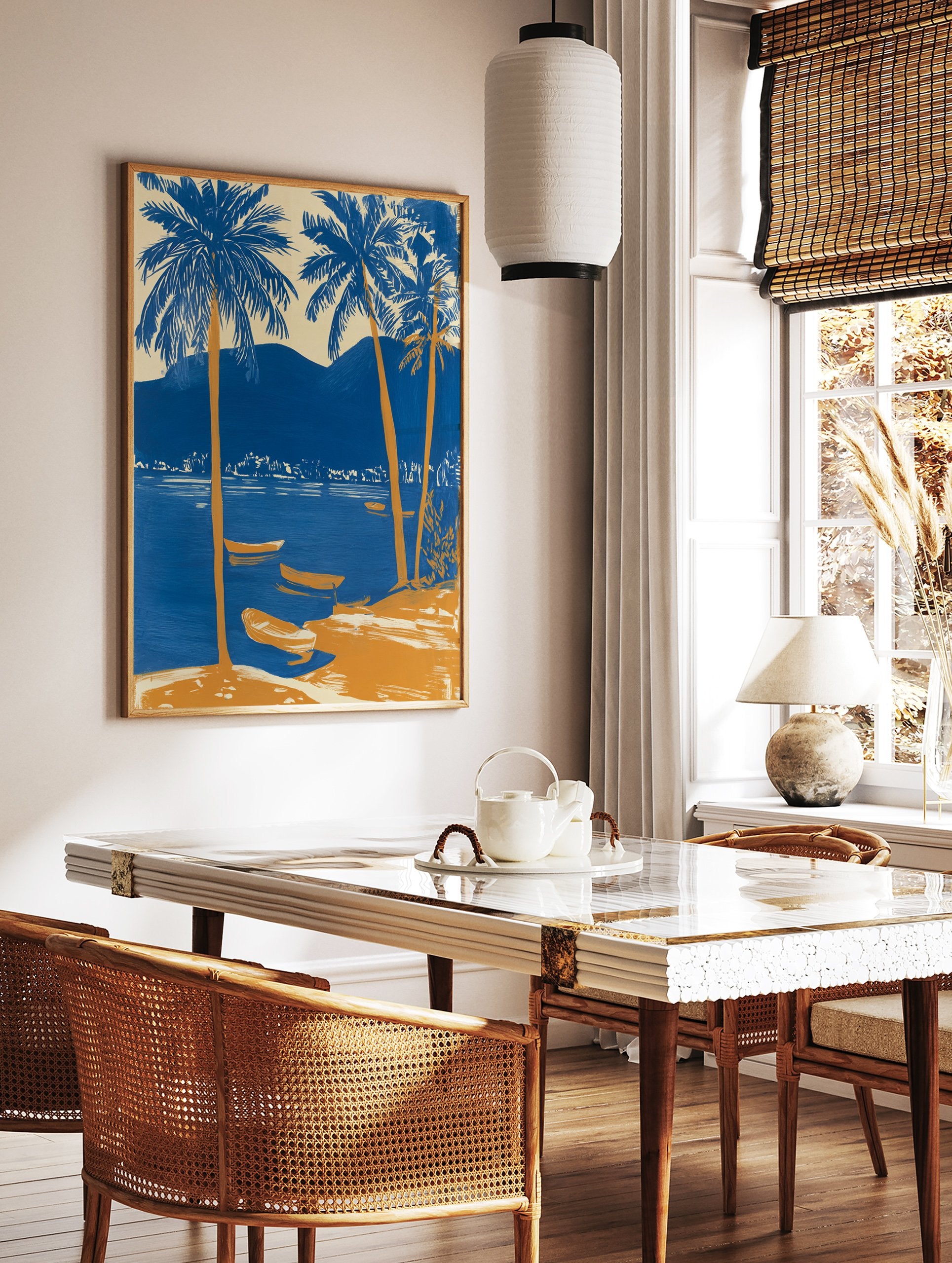 Blue and orange tropical landscape poster with palm trees, boats on water, and mountains in the background. - Image 2