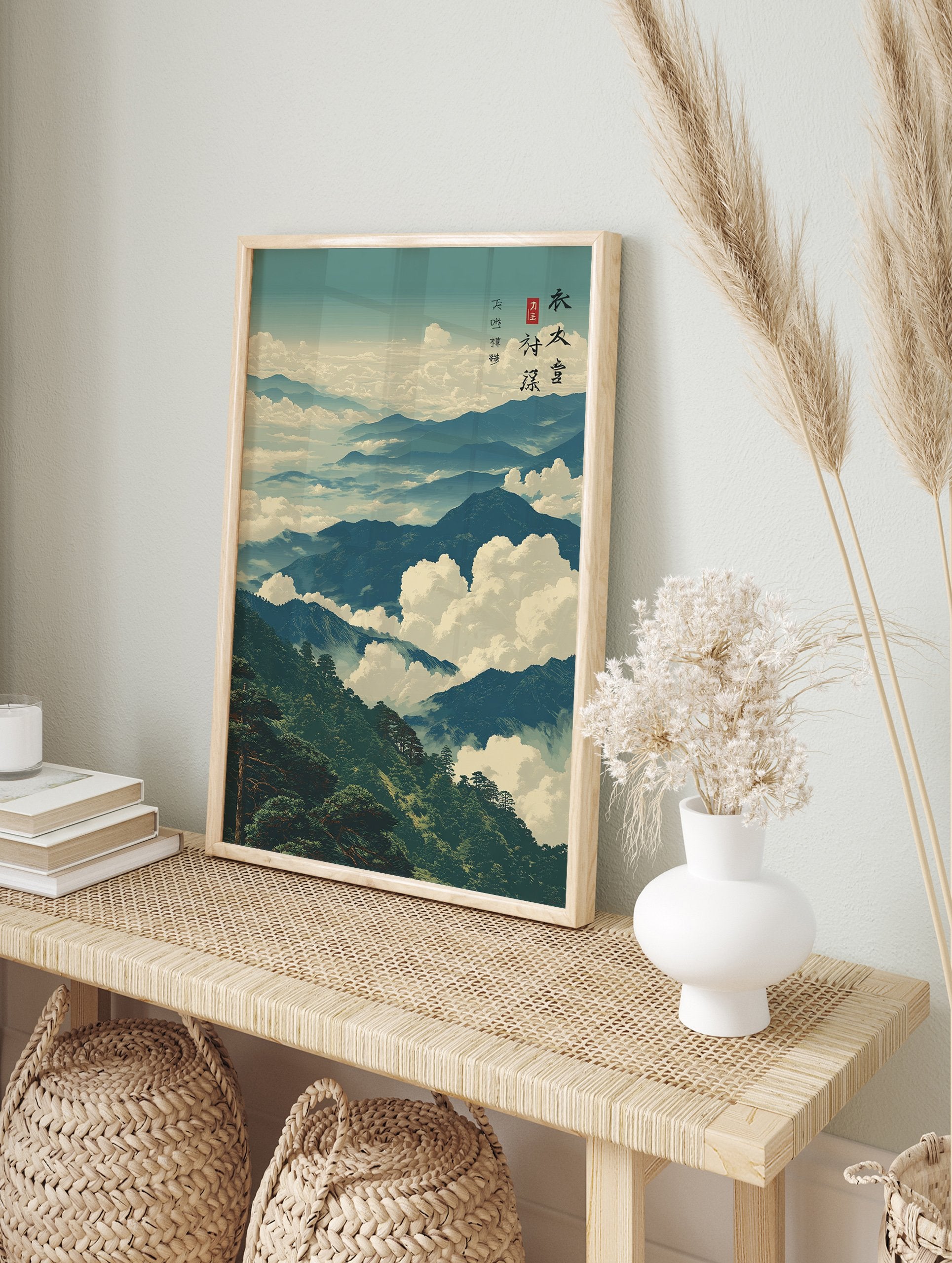 Blue and orange tropical landscape poster with palm trees, boats on water, and mountains in the background. - Image 8