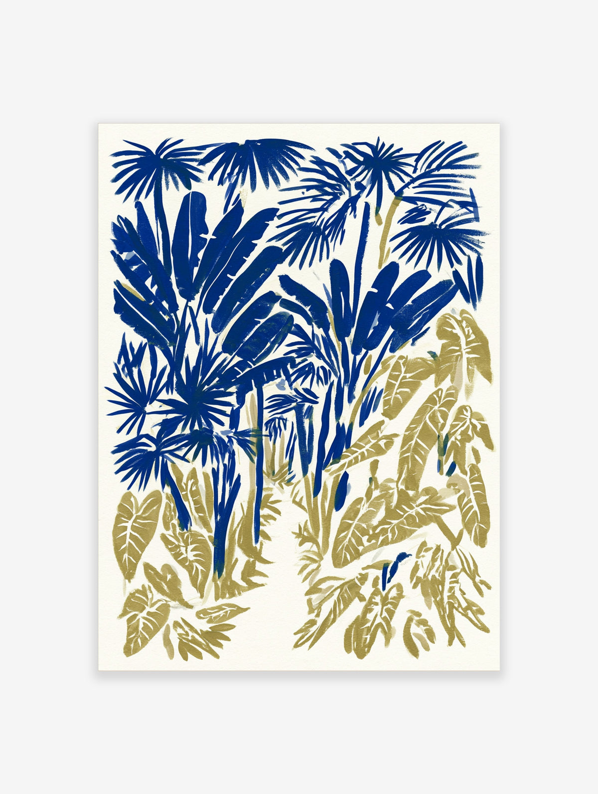 Blue and gold tropical leaf art print with palm fronds and monstera shapes on white background