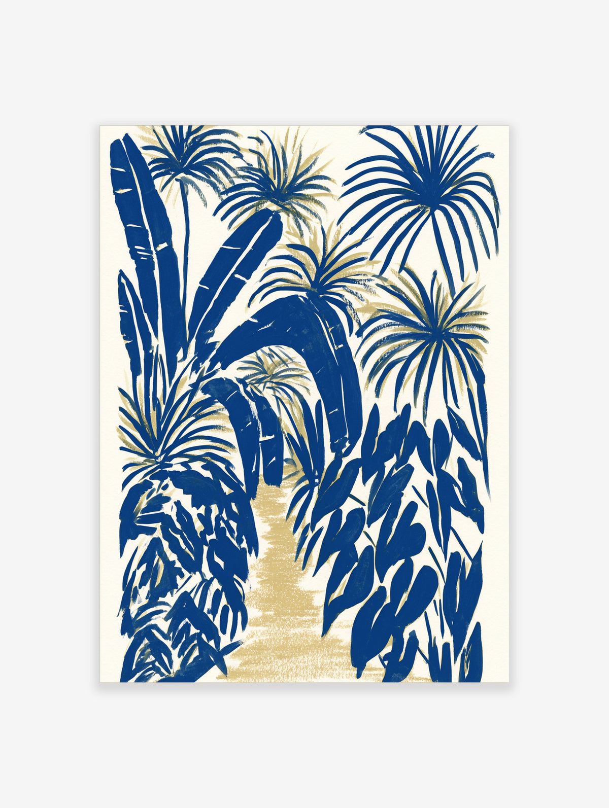 Navy blue tropical palm leaf art print with banana foliage and golden path on cream background