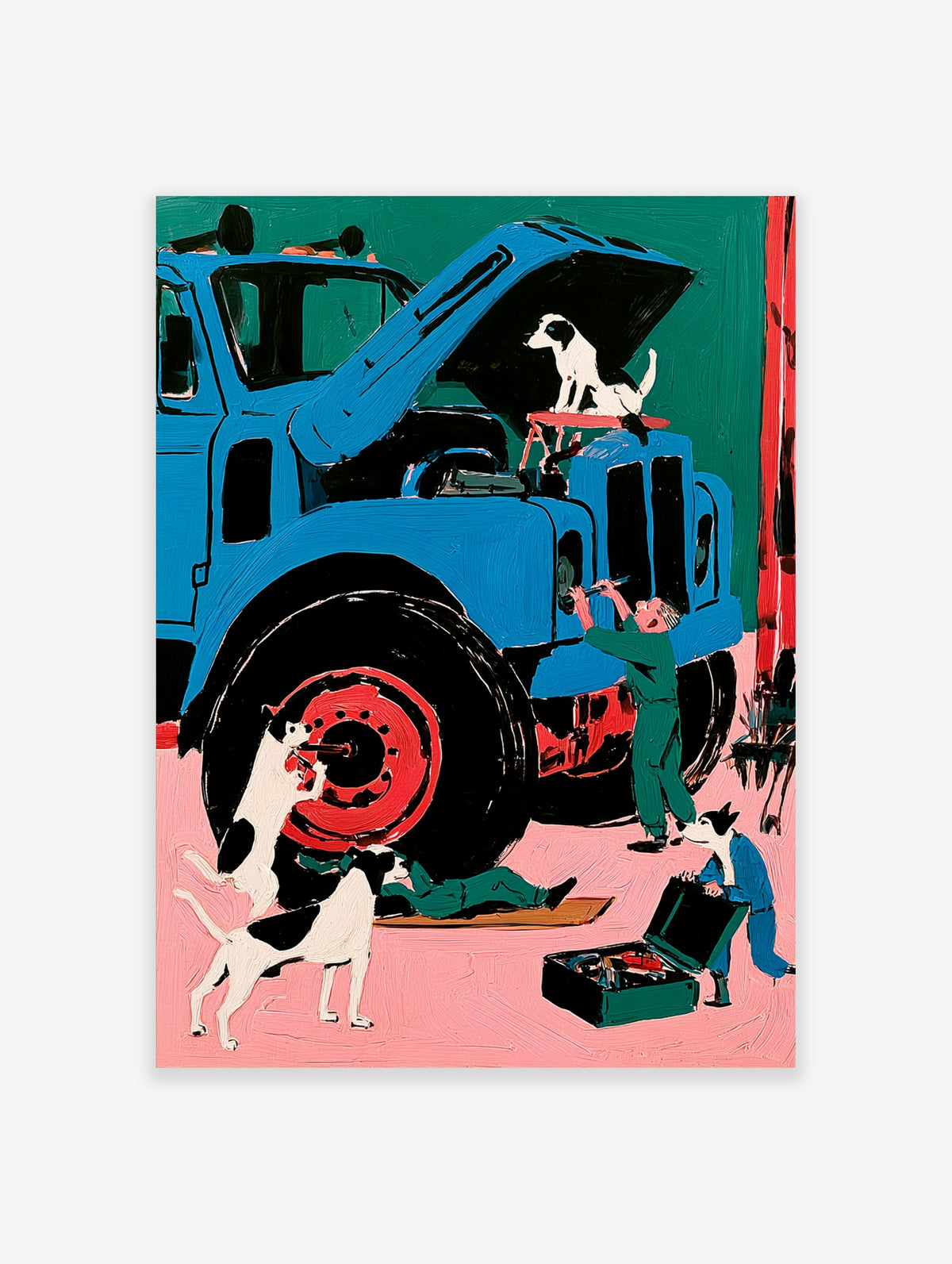 Blue truck with open bonnet, mechanic dogs and men in green overalls, pink floor, teal background