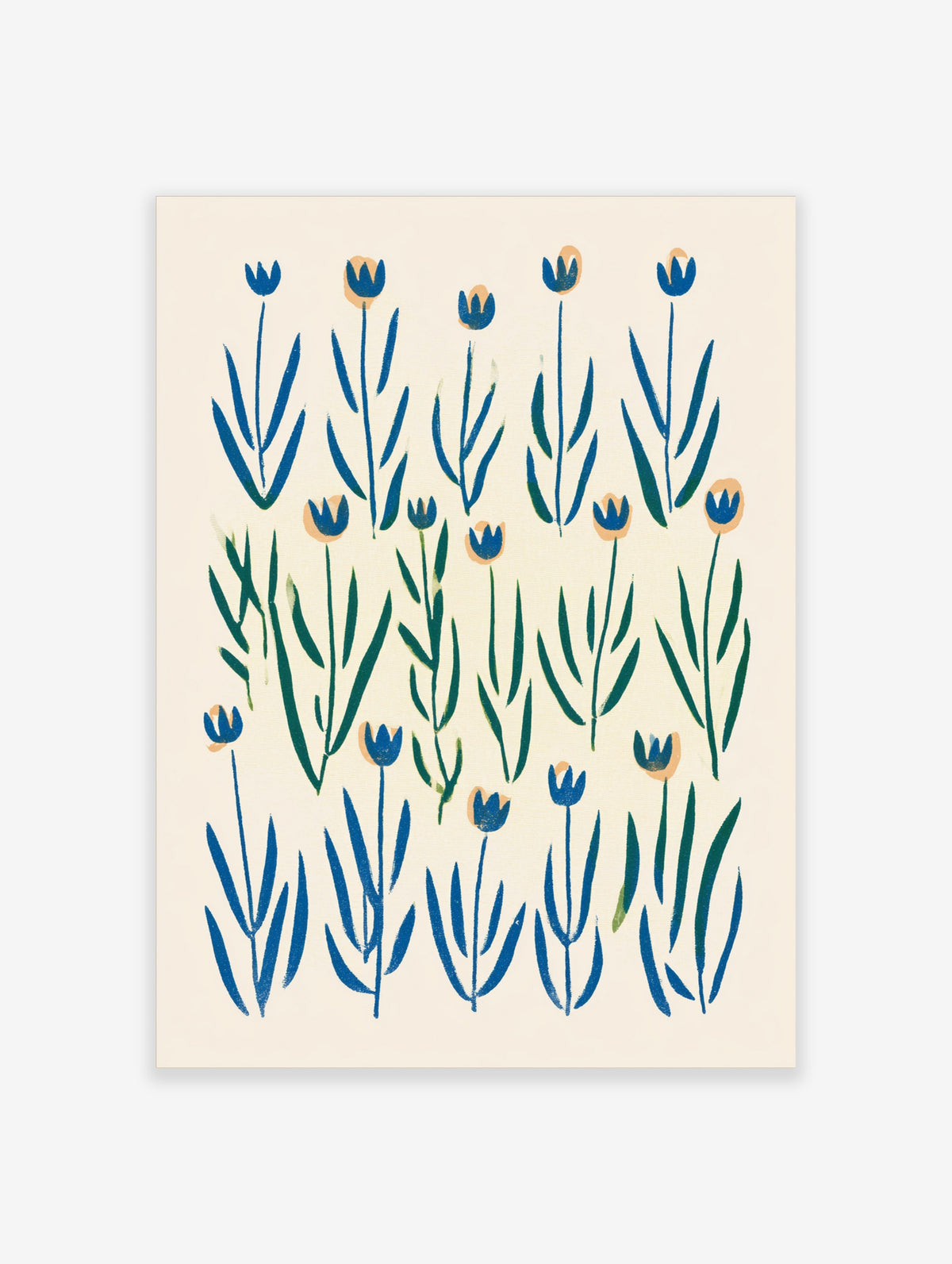 Blue tulip flower poster with hand-painted stems and peach accents on cream background