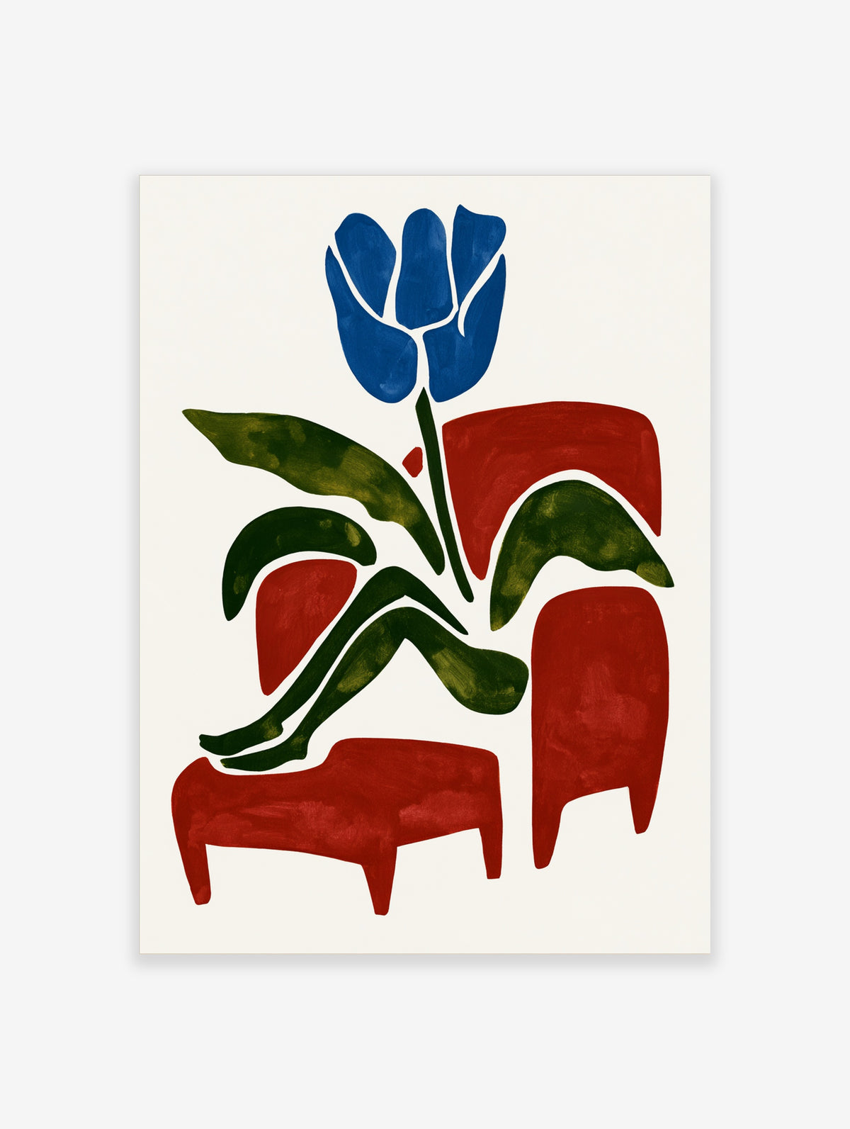 Blue tulip flower poster with abstract green leaves and red shapes on cream background