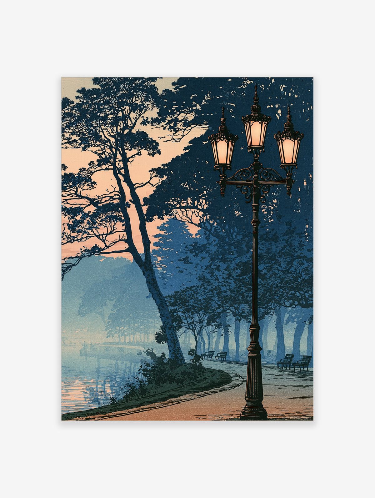 Blue twilight park poster with vintage lamppost, silhouetted trees, and misty lake