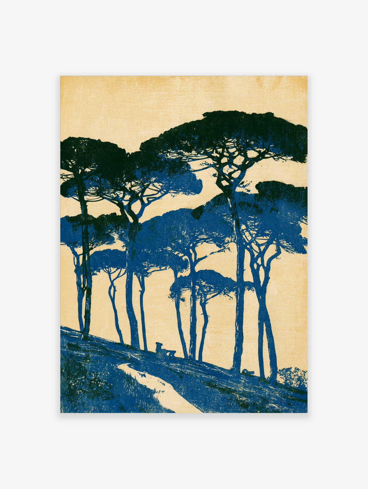 Blue umbrella pine trees on a slope with a bench, dark silhouettes on cream background art print