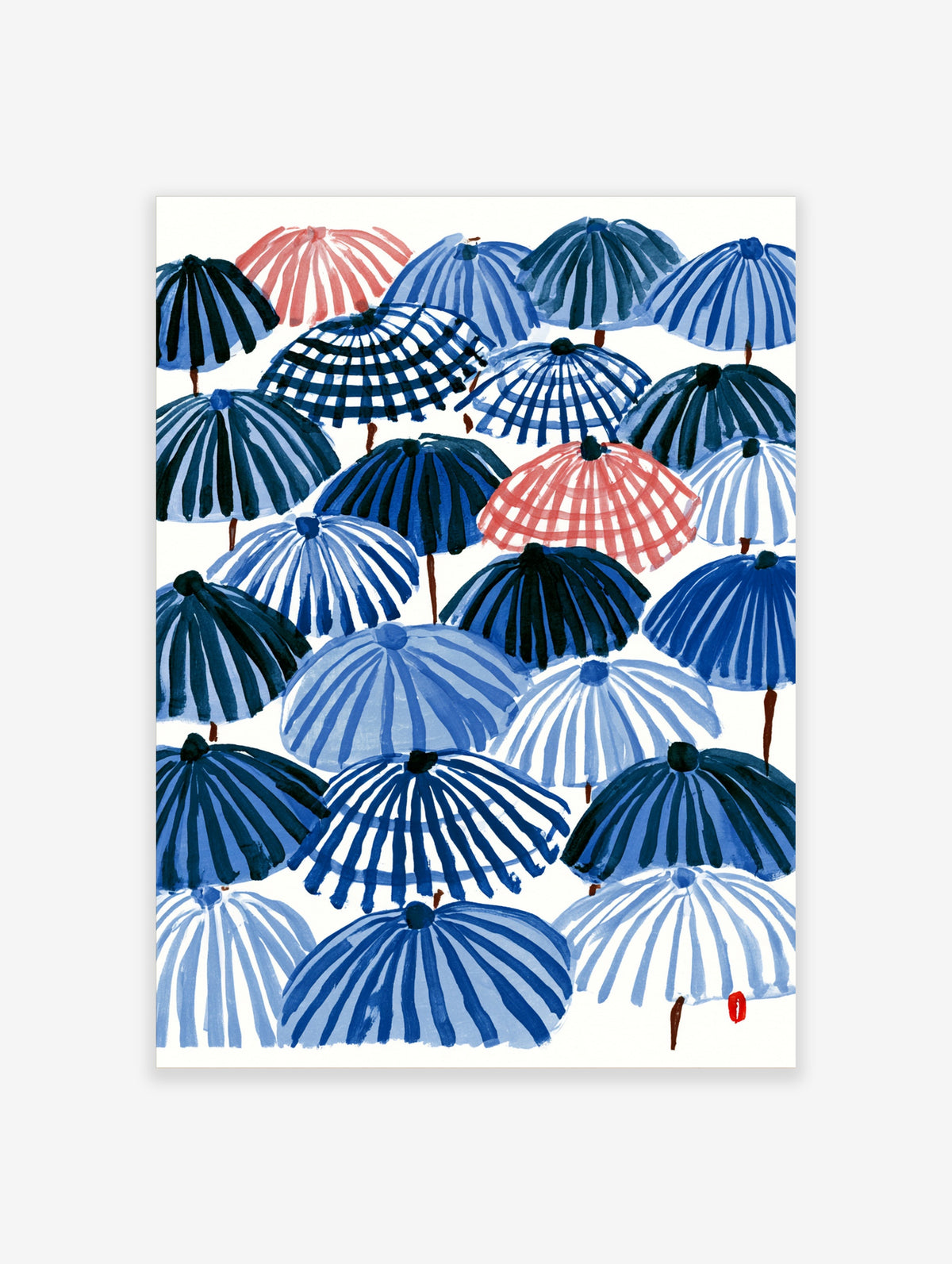 Blue and white umbrella watercolour art print with one red umbrella and dark ribs