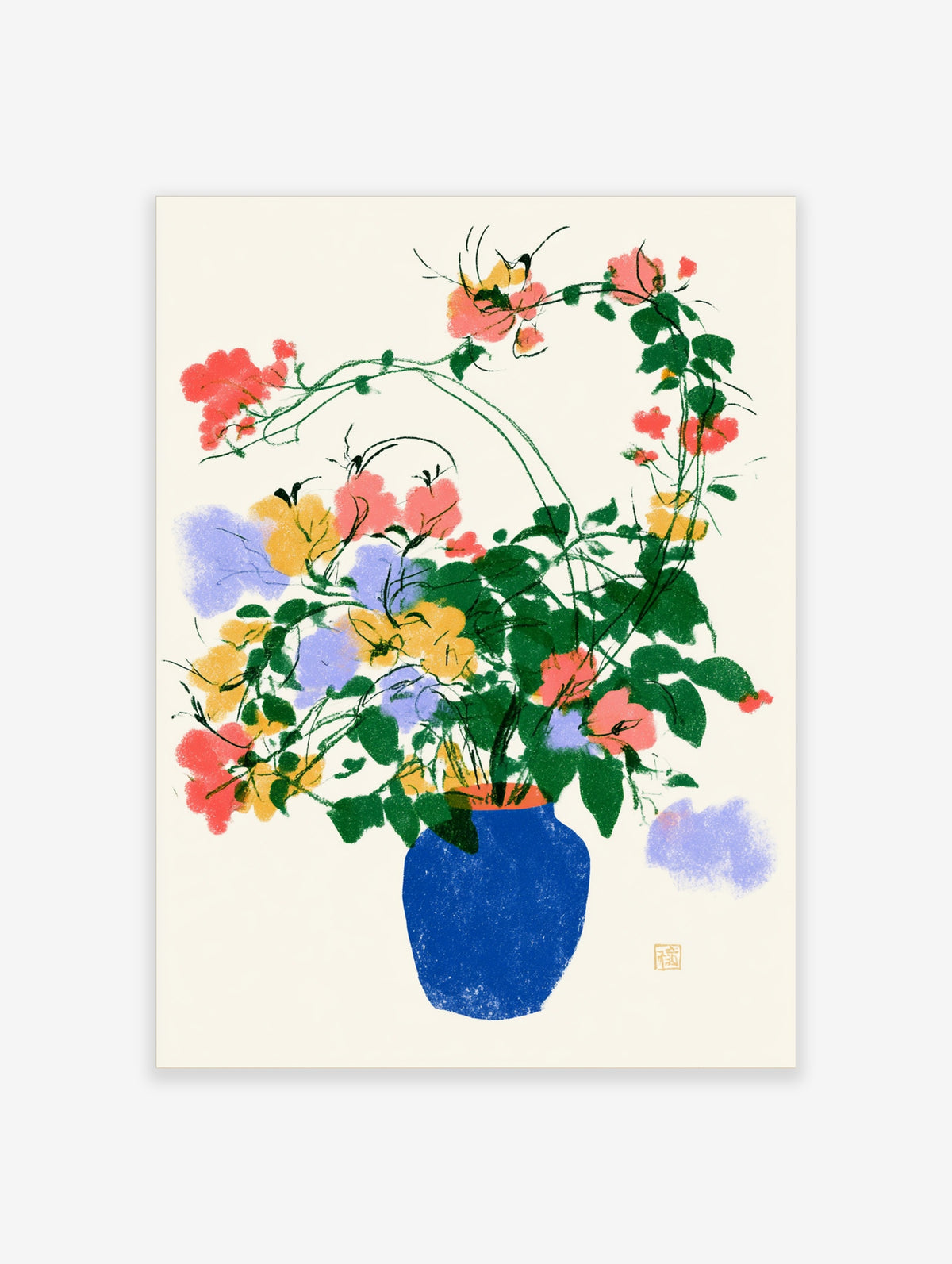Colourful flower poster with blue vase, pink and yellow blooms, green leaves, and a small bird on cream background
