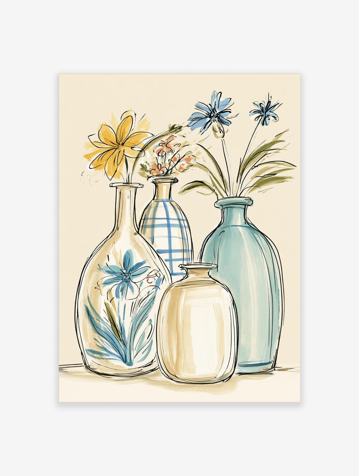 Still life flower print with four vases and blue yellow blooms on beige background