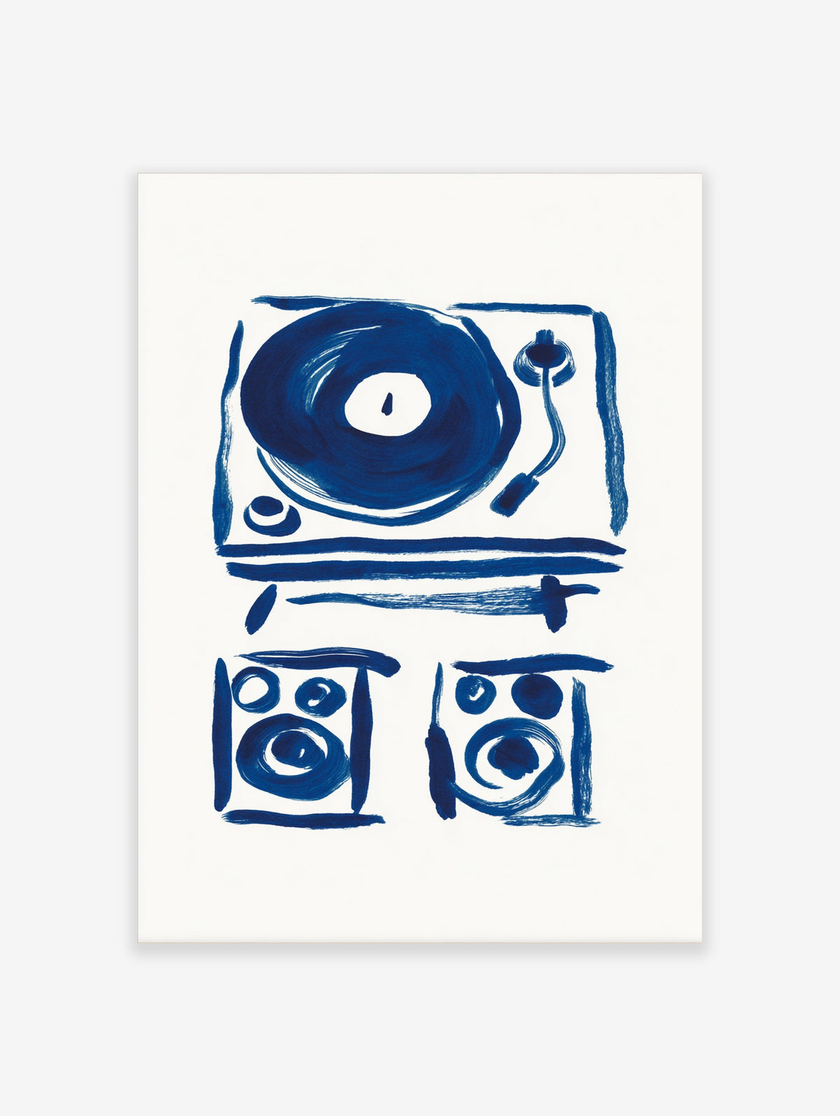 Navy blue brushstroke vinyl record player poster with turntable and speakers on white background