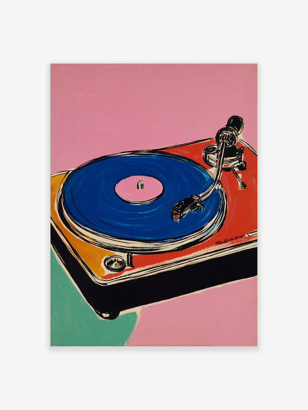 Blue vinyl record on a red turntable with chrome tonearm and pink background retro music poster