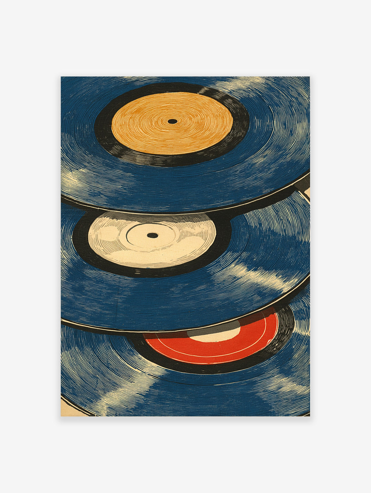 Blue vinyl record poster with three stacked turntable discs in navy, mustard, cream and red