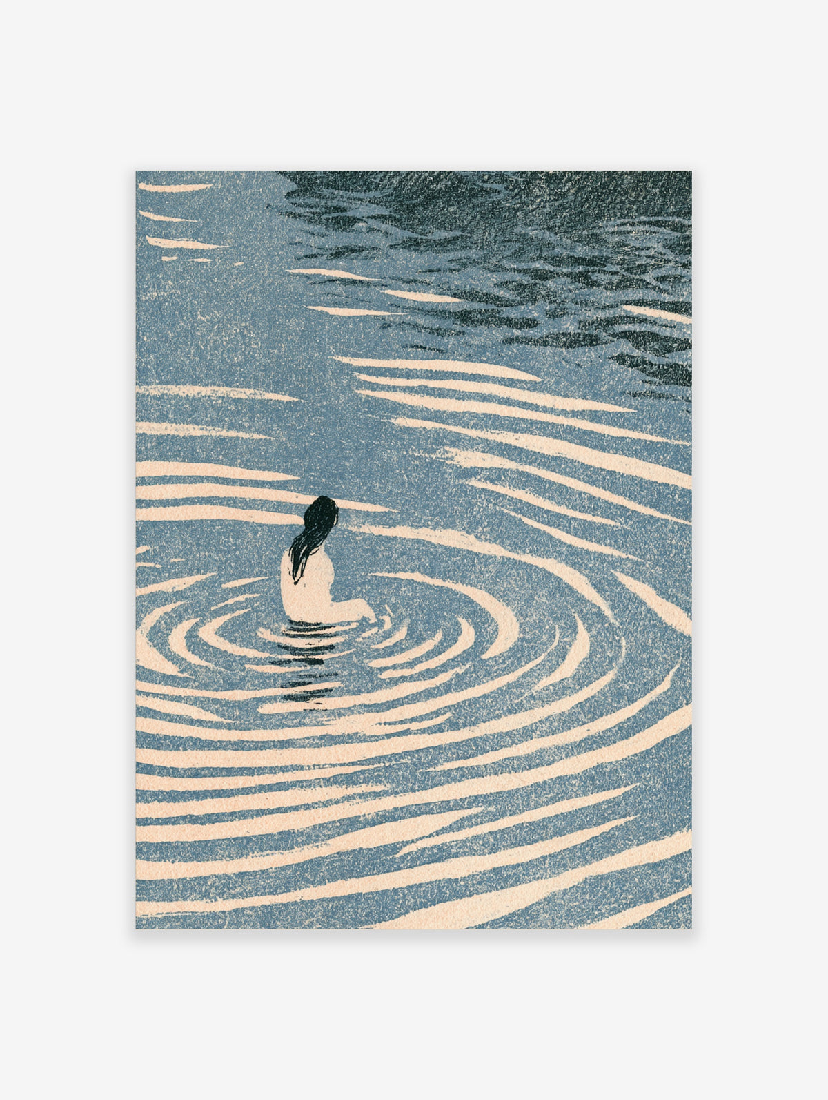 Minimalist blue water ripples art print with seated figure and cream wave lines