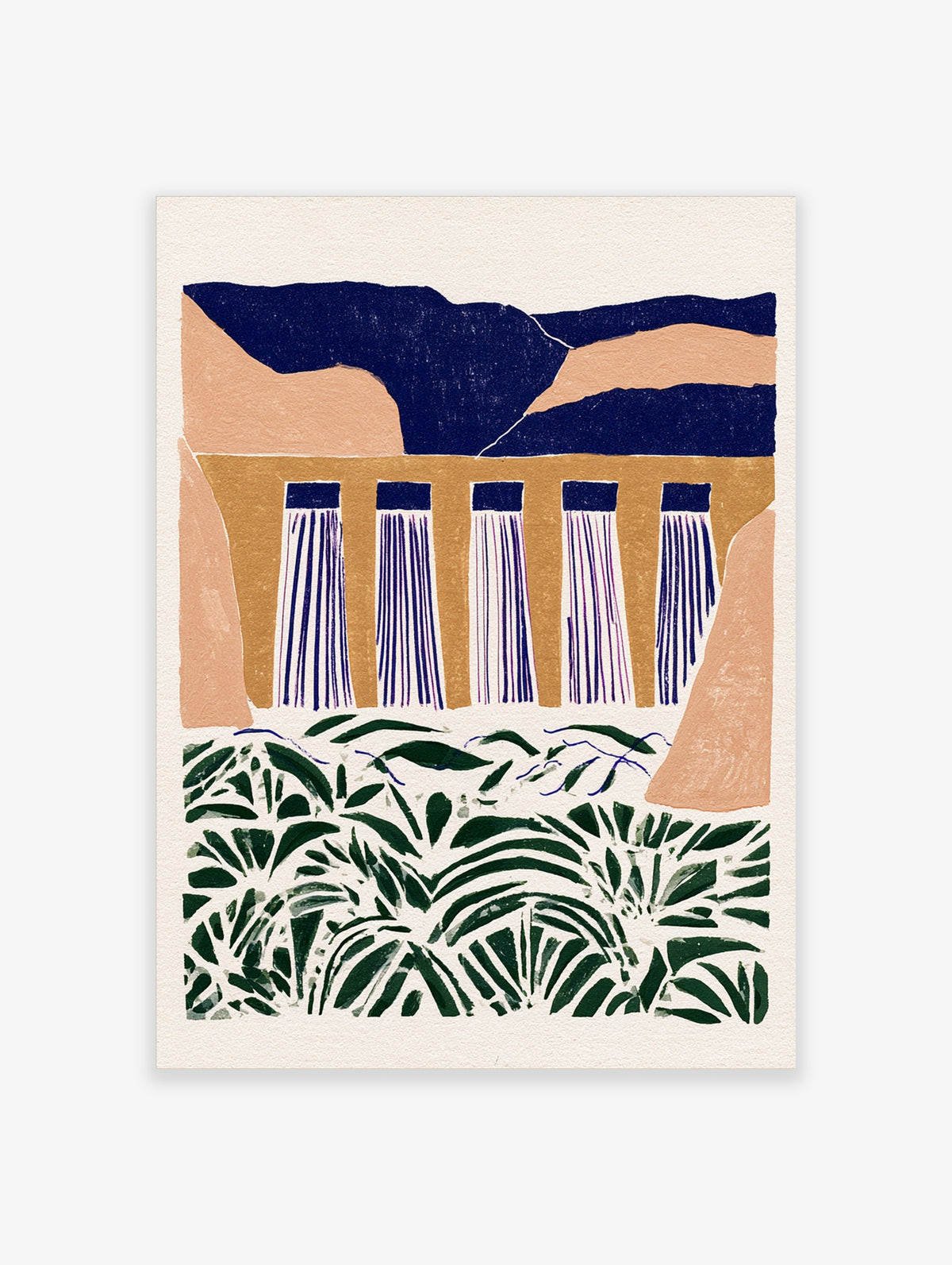 Stylised blue waterfall landscape print with green botanical leaves and tan wall