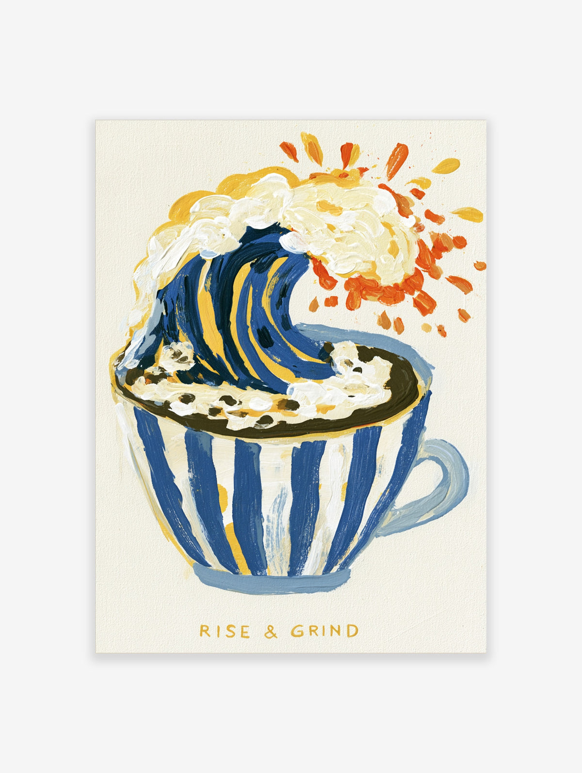 Blue and white striped coffee cup with wave of coffee and cream, orange splashes, and Rise & Grind text