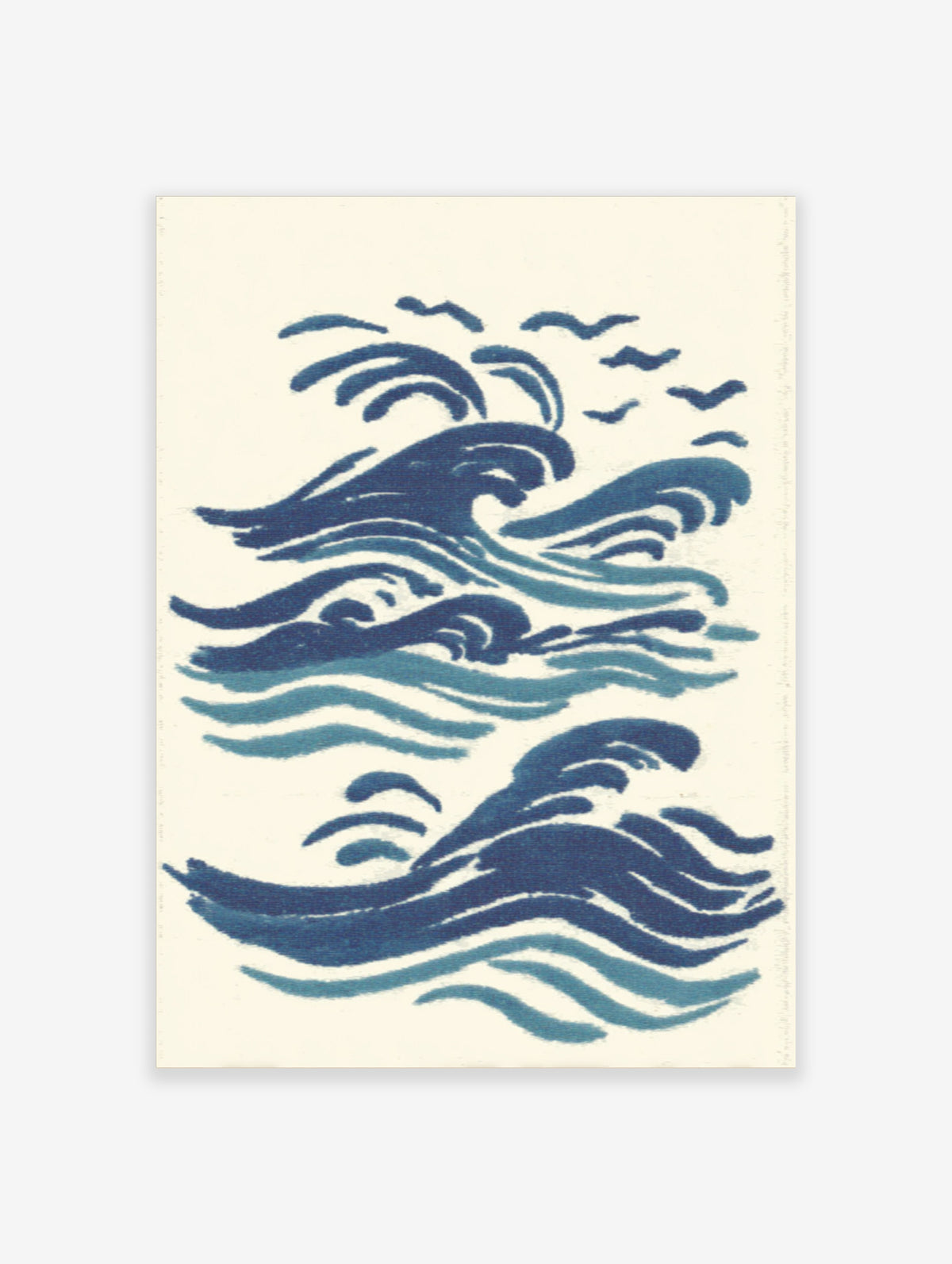 Blue wave wall art with stylised Japanese ocean waves in navy and teal on white background