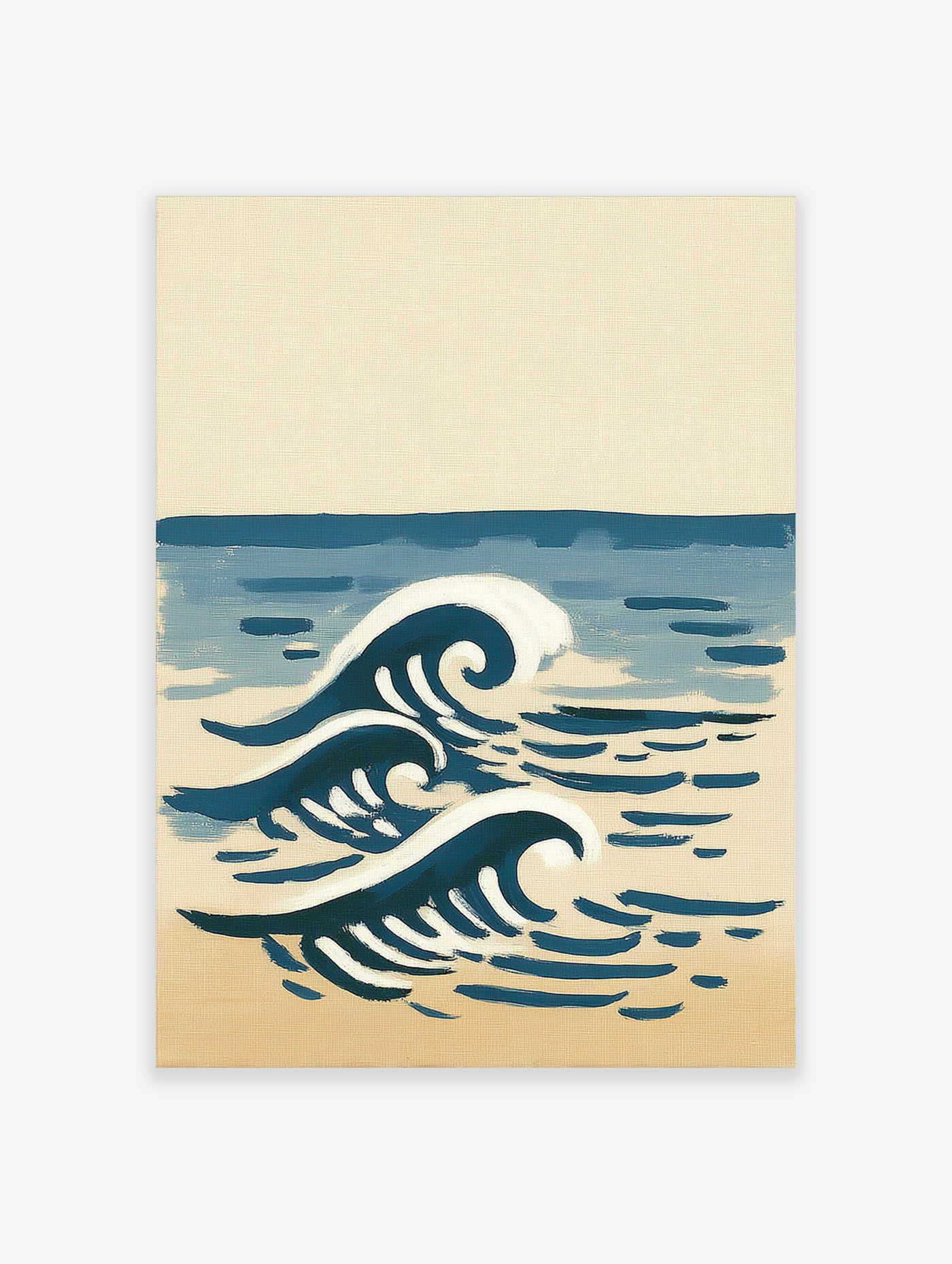 Blue wave art print with stylised curling waves and foam on cream background