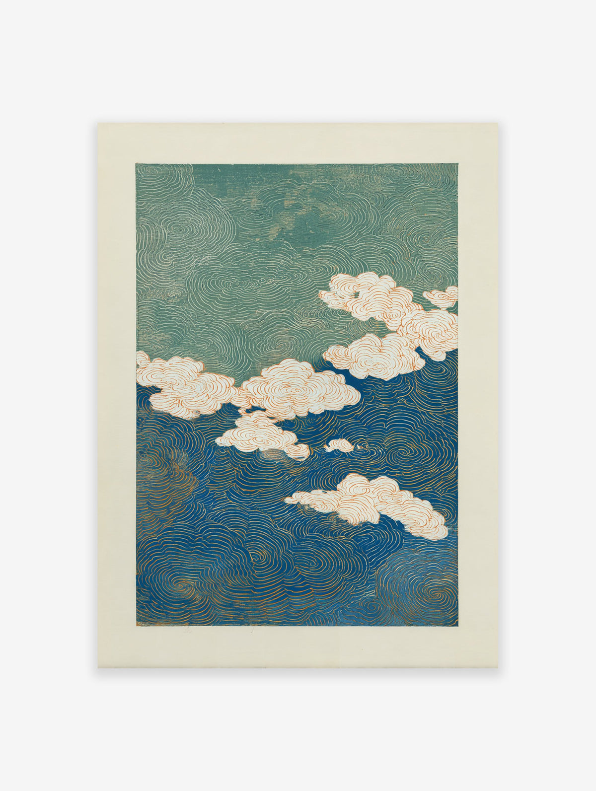 Abstract blue and green poster with swirling wave patterns and white clouds outlined in orange, in a Japanese art style.