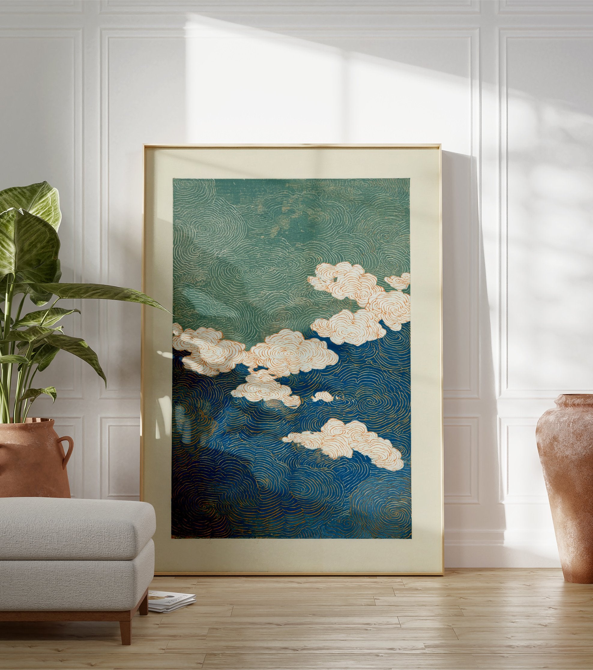 Abstract blue and green poster with swirling wave patterns and white clouds outlined in orange, in a Japanese art style. - Image 3