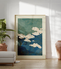 Abstract blue and green poster with swirling wave patterns and white clouds outlined in orange, in a Japanese art style. - Image 3