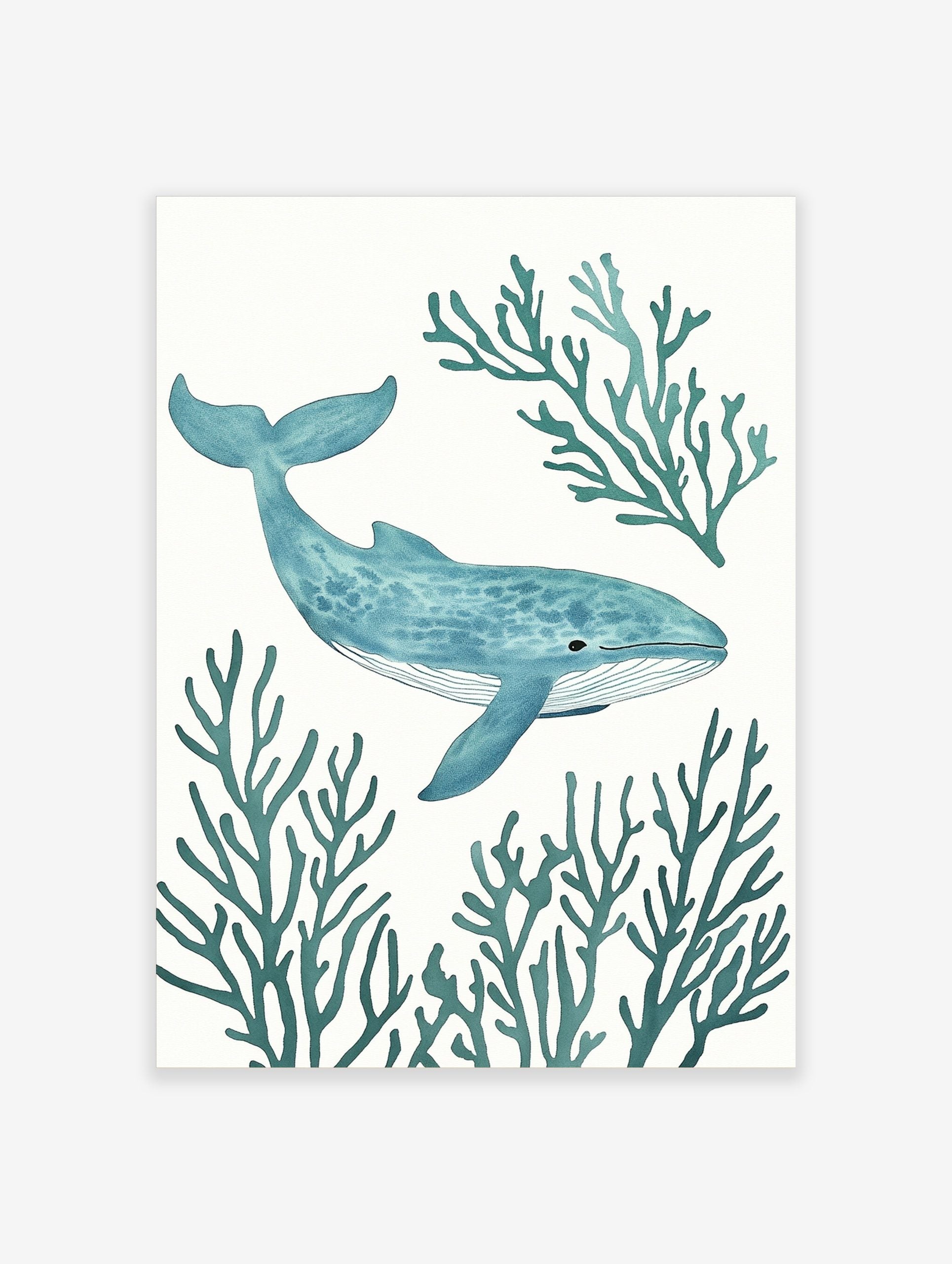 Blue whale with stippled texture swimming amidst teal coral branches on a white background, marine life art print