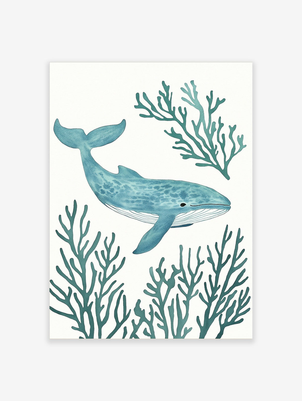 Blue whale with stippled texture swimming amidst teal coral branches on a white background, marine life art print