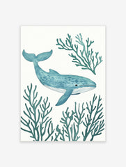 Blue whale with stippled texture swimming amidst teal coral branches on a white background, marine life art print