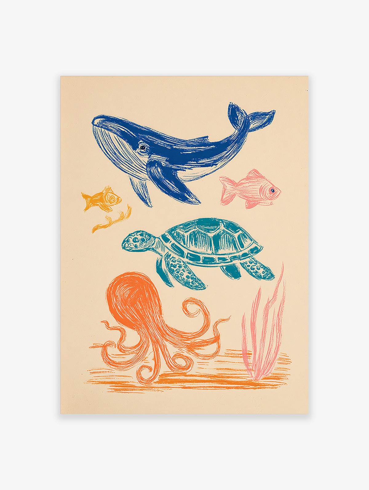 Blue whale, teal sea turtle and orange octopus ocean animal art print on cream background
