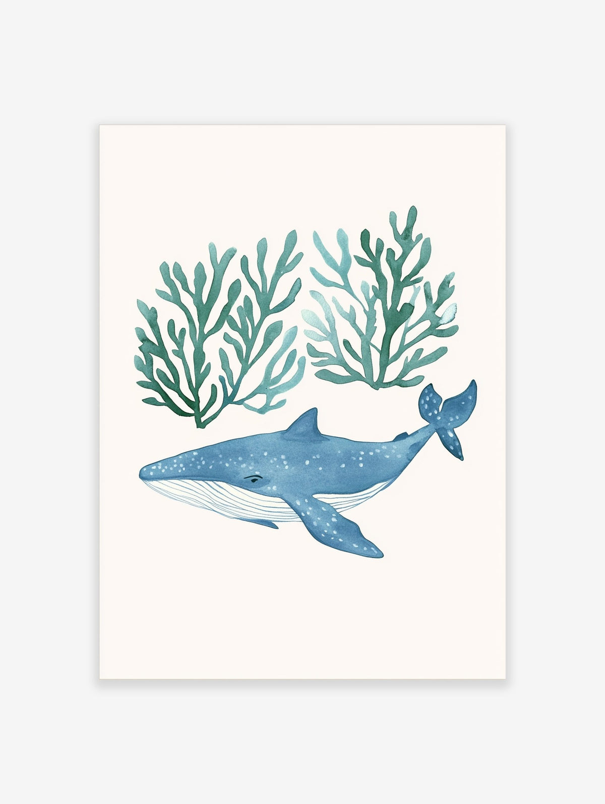 Watercolour illustration of a blue whale with white spots swimming below two clusters of teal seaweed on a white background