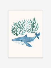Watercolour illustration of a blue whale with white spots swimming below two clusters of teal seaweed on a white background