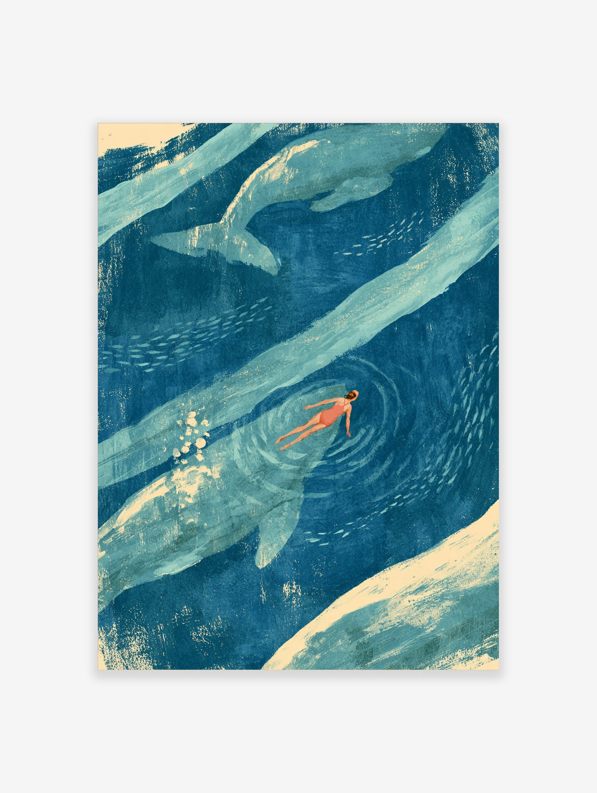Blue whale and swimmer ocean art print with textured water ripples and pale sand edges