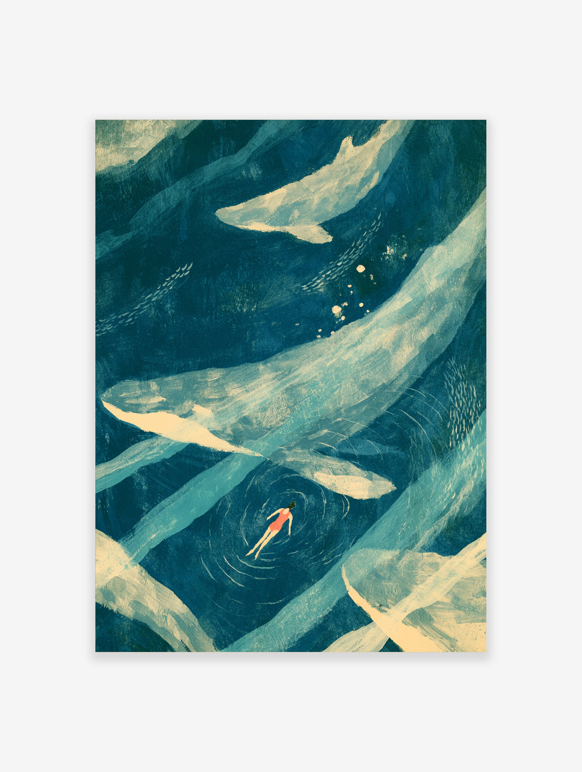 Blue whale and swimmer art print with lone figure in teal water, painterly ocean poster