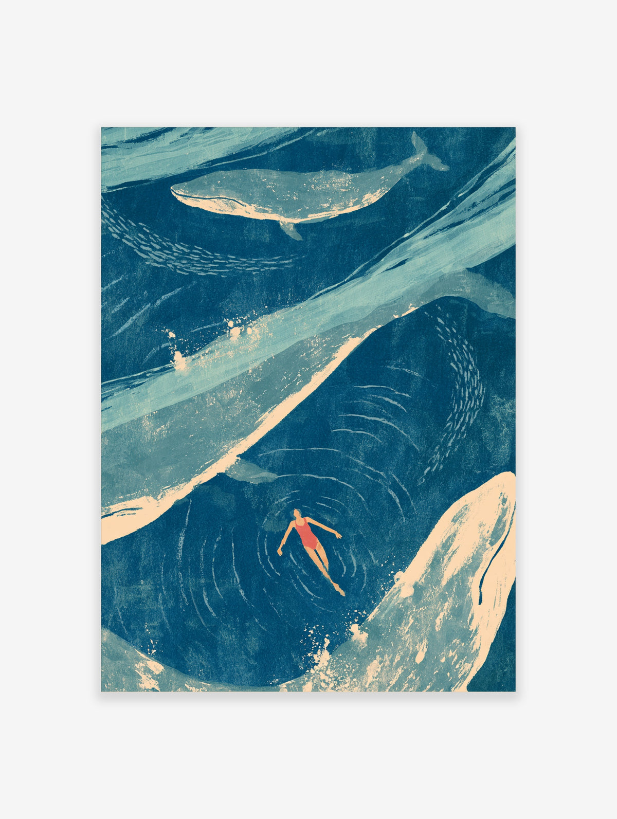 Blue whale and swimmer in red swimsuit floating on deep blue water with ripples, ocean art print