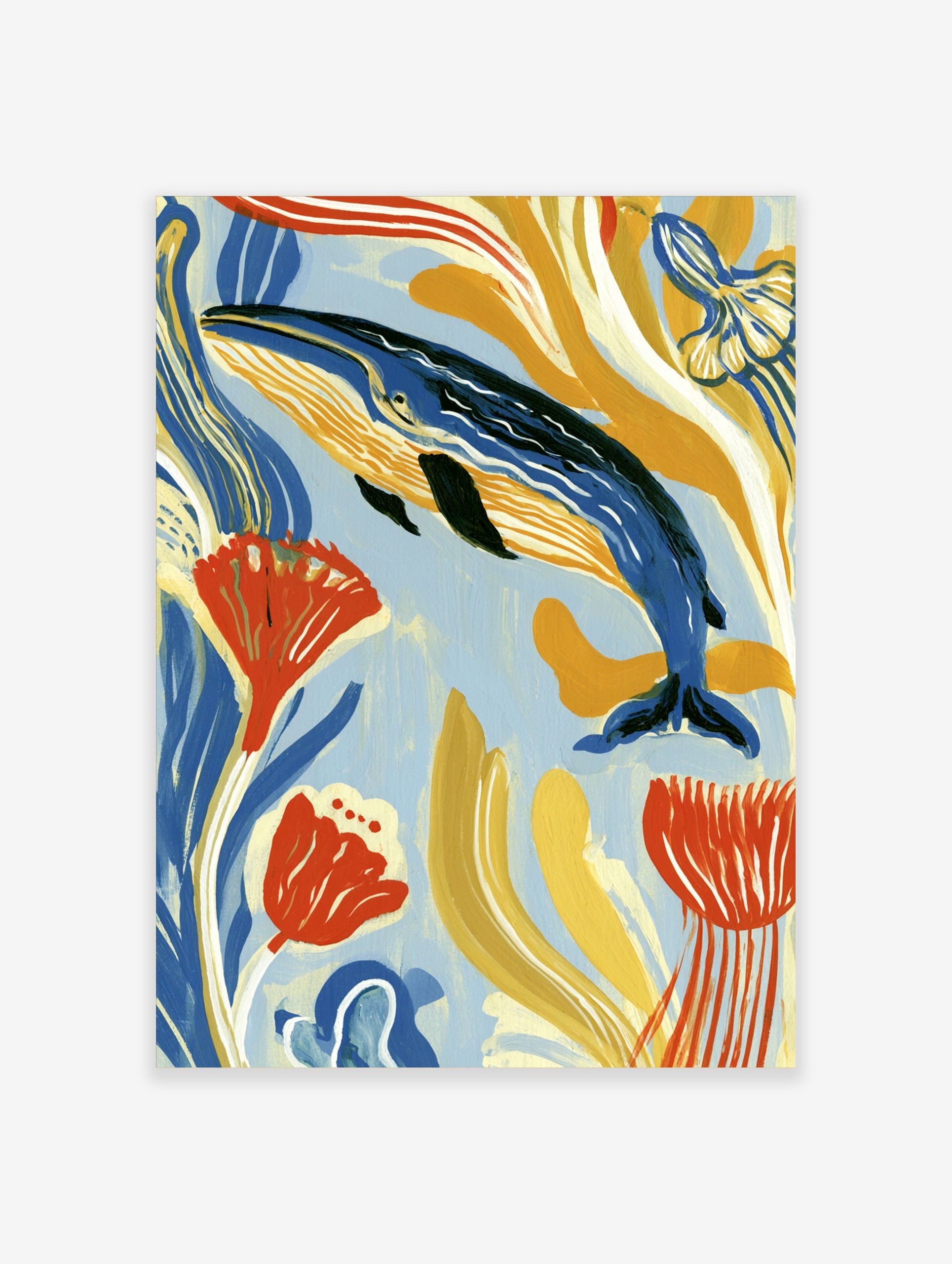 Blue whale swimming among stylized yellow and orange seaweed, modern illustrative ocean art print