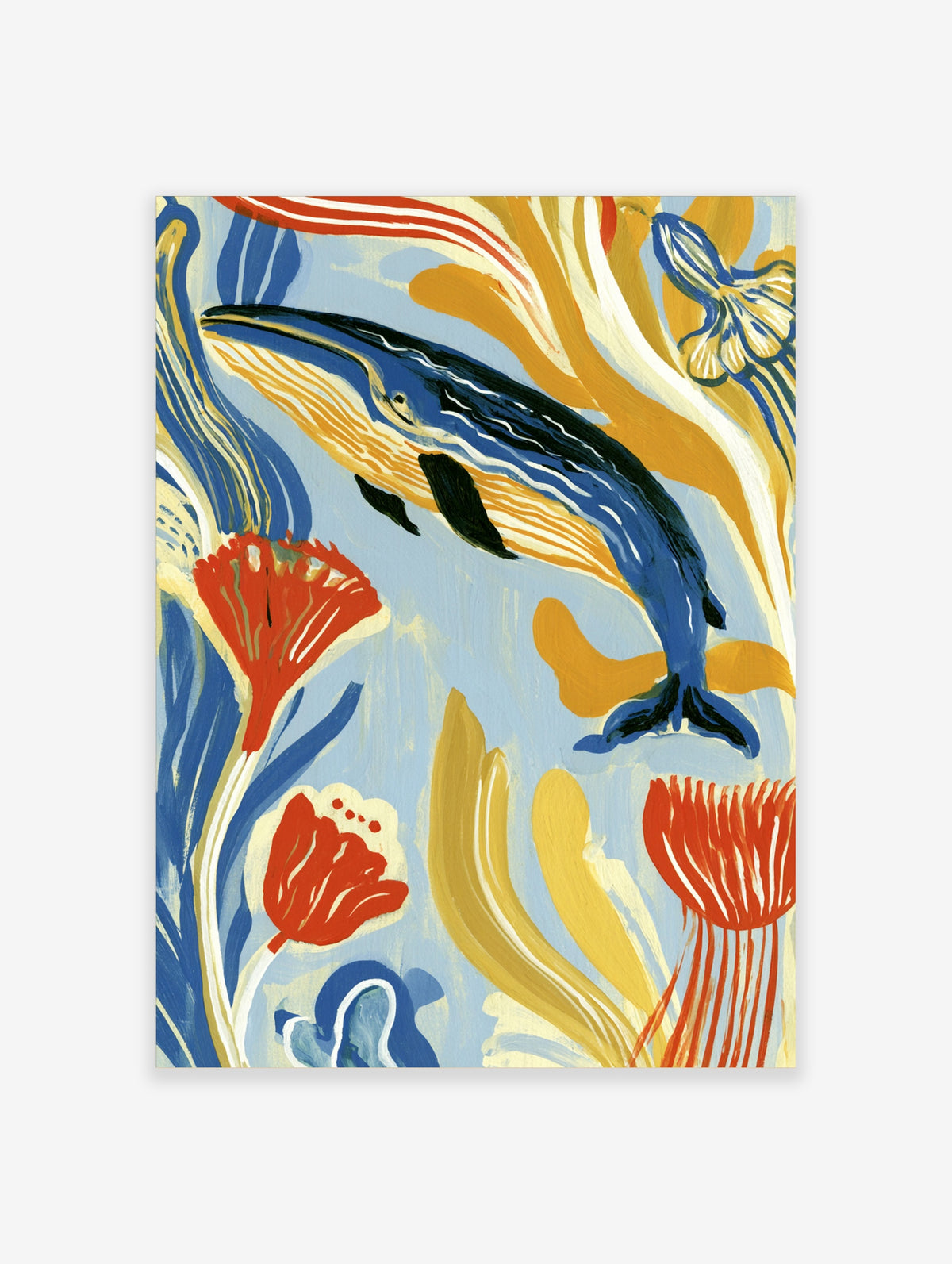 Blue whale swimming among stylized yellow and orange seaweed, modern illustrative ocean art print