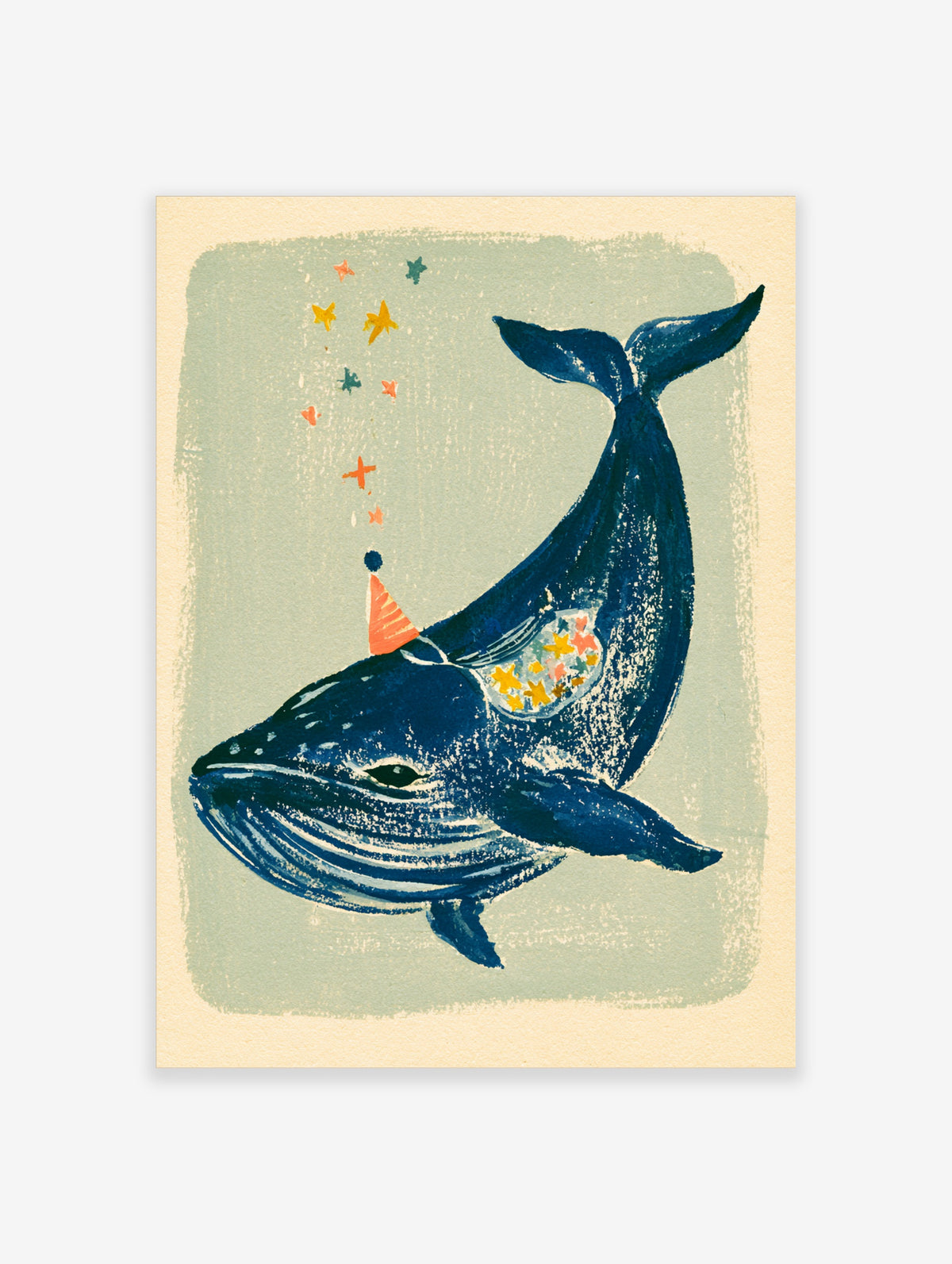 Blue whale with party hat and stars art print on pale blue background