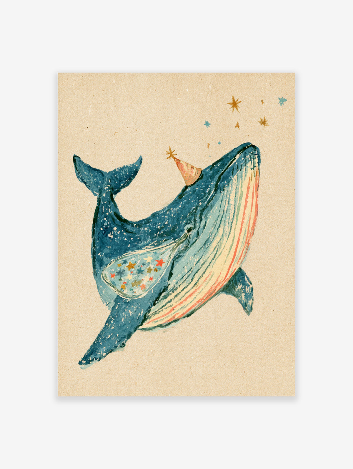 Blue whale with party hat and jar of stars, hand-painted style poster on beige background