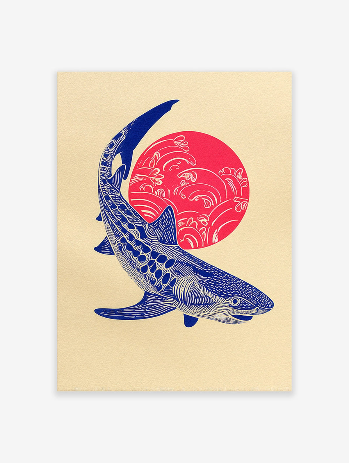 Blue whale shark illustration against a red sun with white waves, in a Japanese-style art print