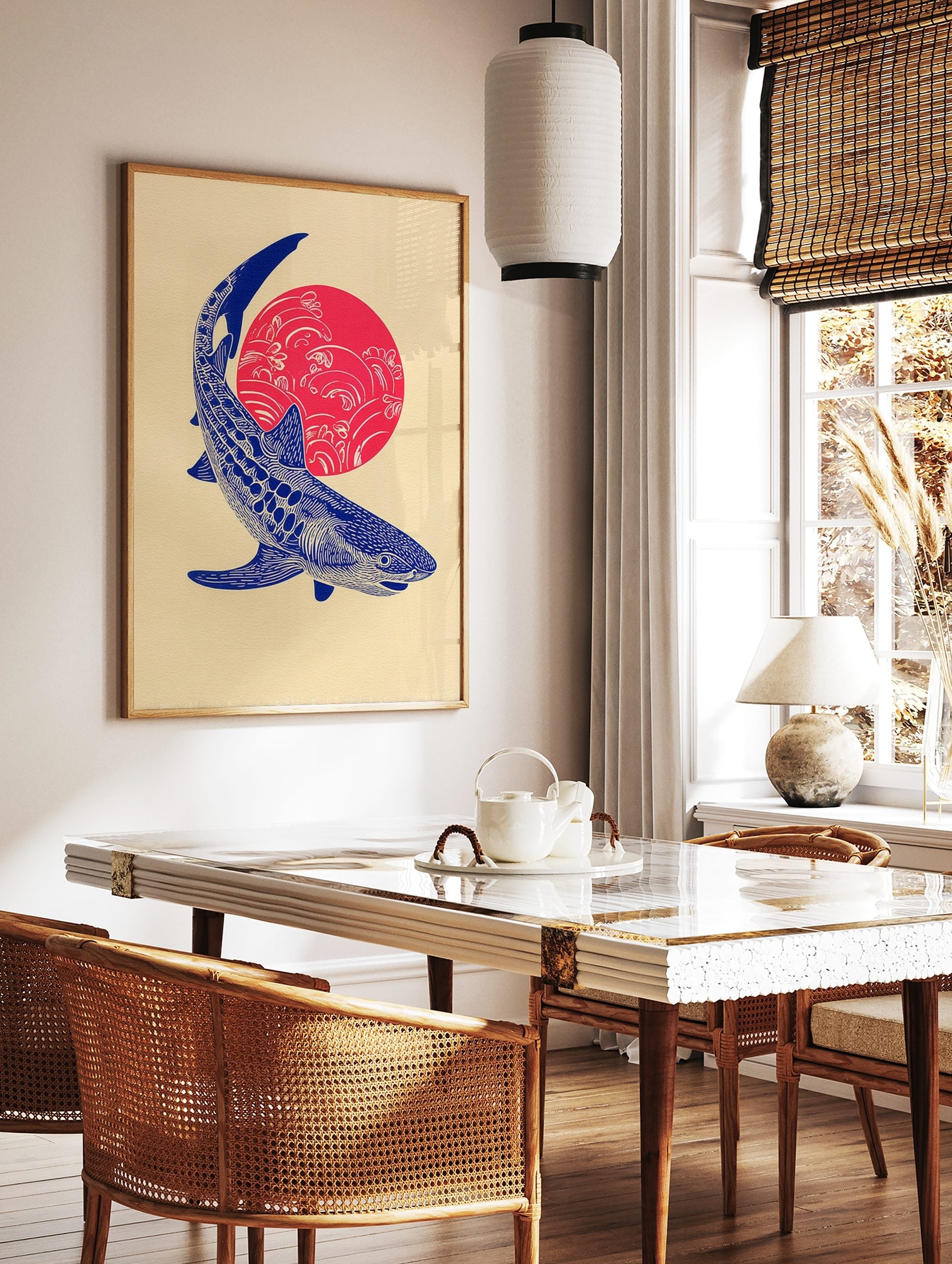 Blue whale shark illustration against a red sun with white waves, in a Japanese-style art print, in a styled room mockup