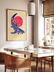 Blue whale shark illustration against a red sun with white waves, in a Japanese-style art print, in a styled room mockup