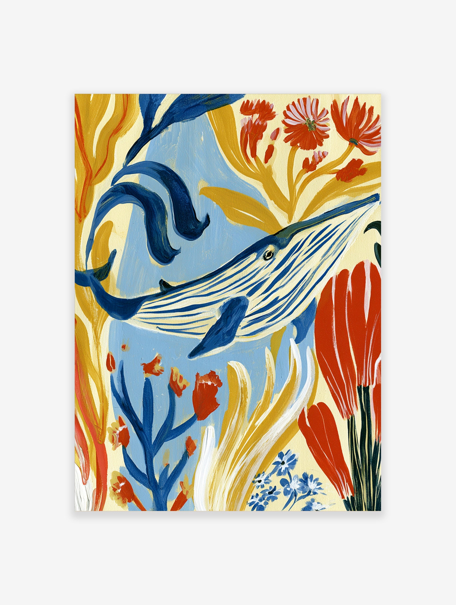 Blue whale illustration with golden seaweed and red flowers, painterly underwater wall art print