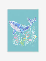 Illustrative blue whale art print with pink accents, swimming above colourful underwater plants on a light blue background