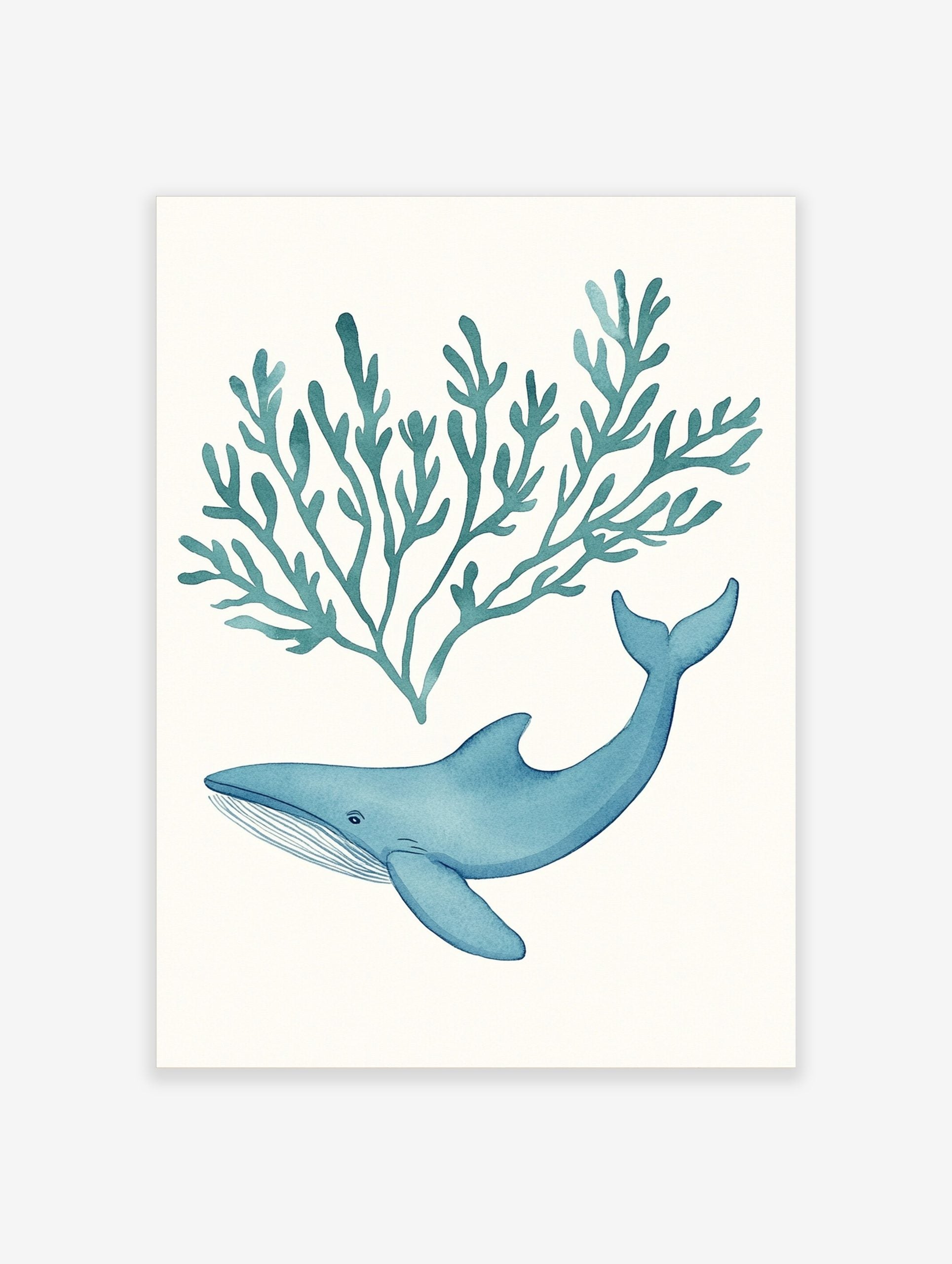 Blue watercolour whale swimming below teal seaweed illustration on white background