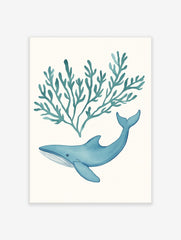 Blue watercolour whale swimming below teal seaweed illustration on white background