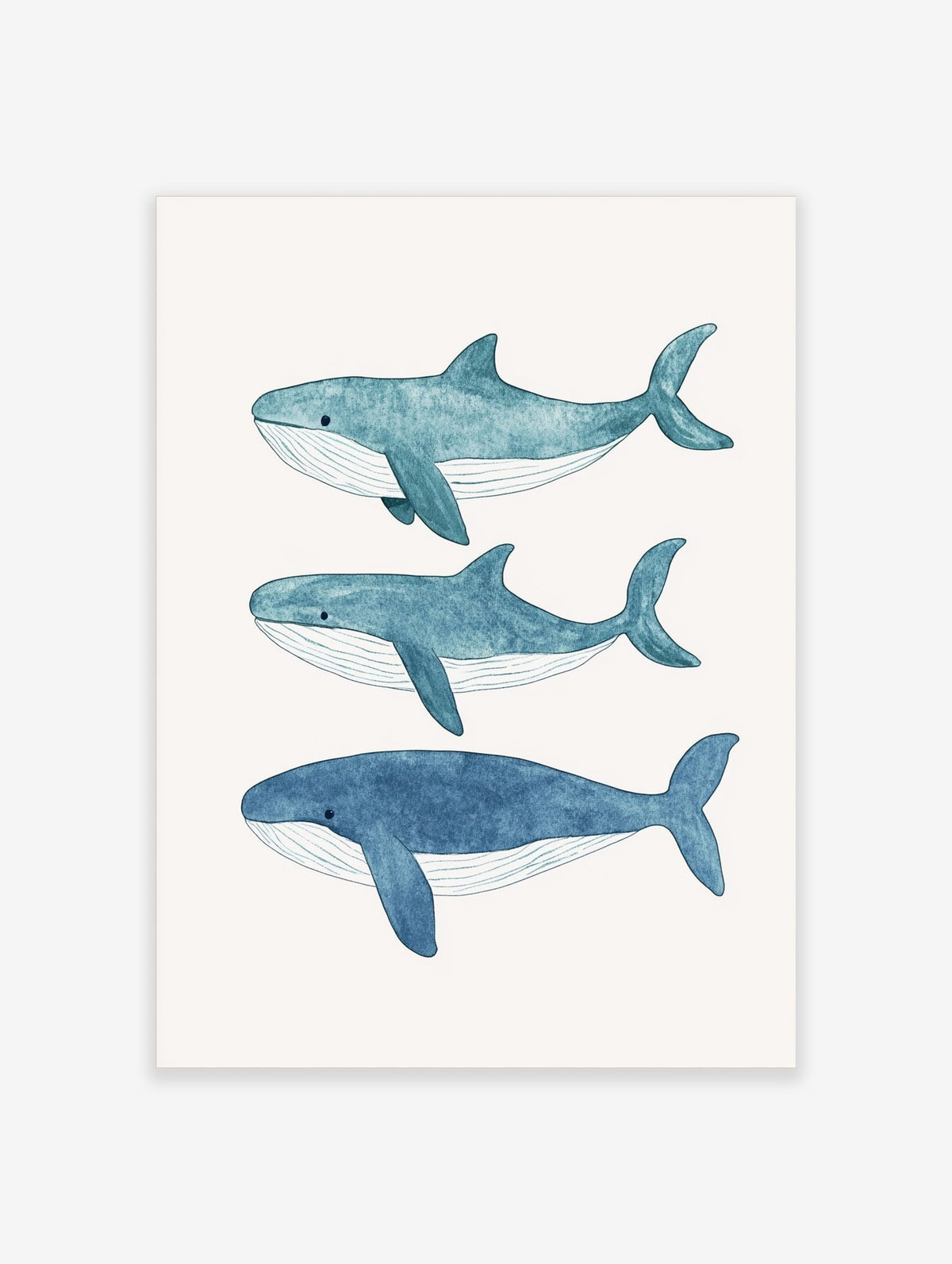 Three blue watercolour whales swimming horizontally on a light background, arranged vertically